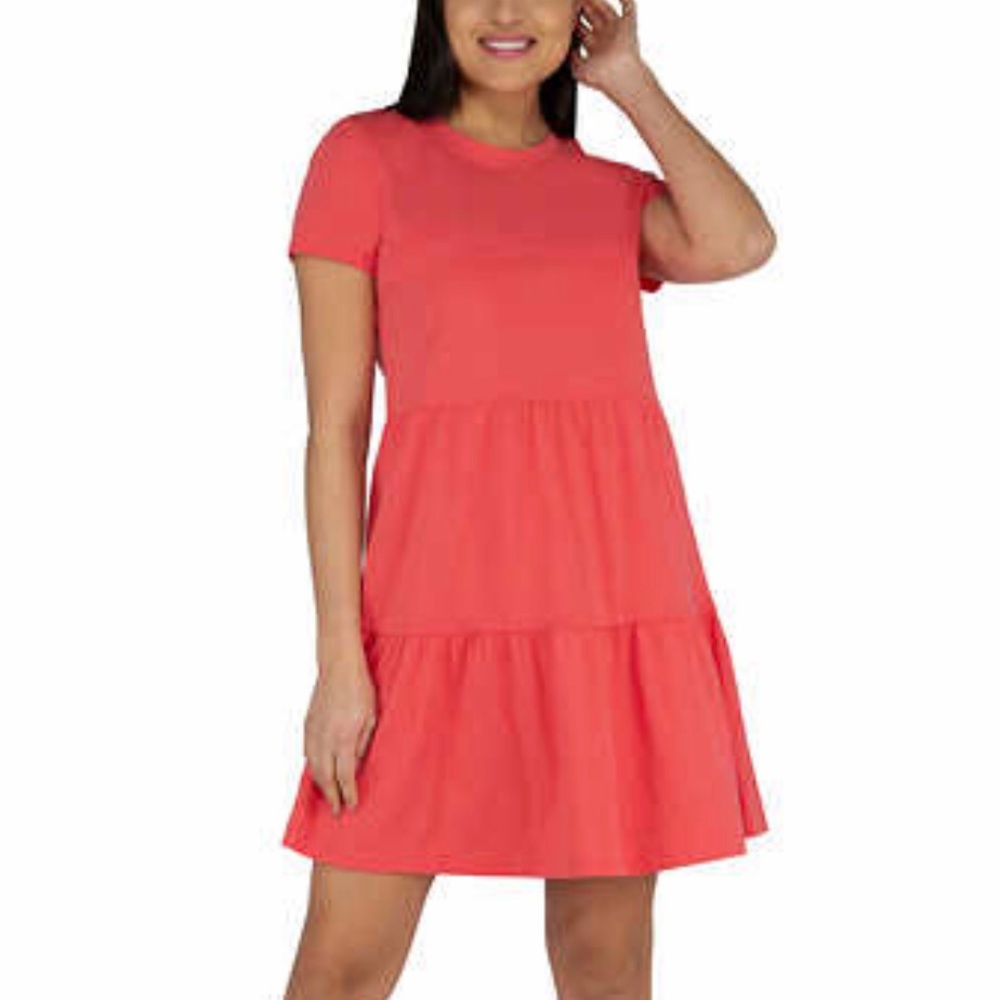 Nicole Miller Original Tiered Short Sleeve Dress Crew Neck Coral Pink NEW